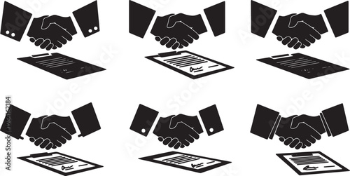 Black Solid Business Partners Shaking Hands Contract Silhouettes Set of Six on White Background