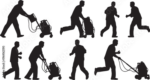 Black Solid Emergency Doctors Running Defibrillator Silhouettes Set of Six on White Background