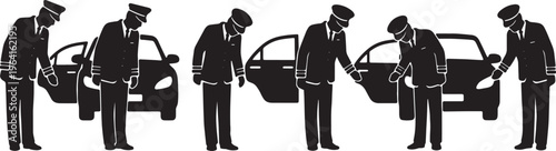 Black Solid Elegant Chauffeurs Opening Door Silhouettes Set of Six on White Background