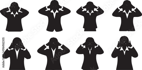 Black Solid Businesswomen Covering Eyes Silhouettes Set of Six on White Background