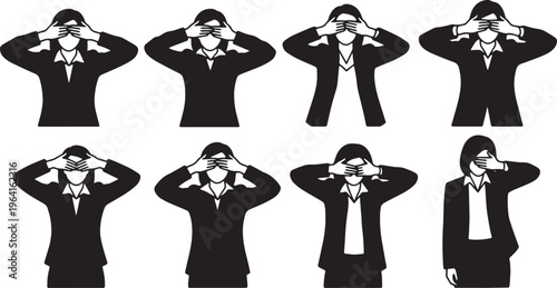 Black Solid Businesswomen Covering Eyes Silhouettes Set of Six on White Background