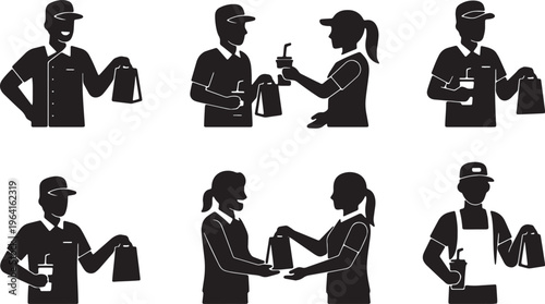 Black Solid Fast Food Workers Handing Bags Silhouettes Set of Six on White Background