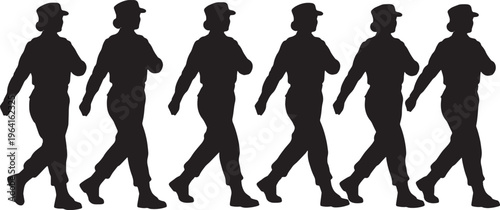 Black Solid Female Military Recruits Marching Silhouettes Set of Six on White Background
