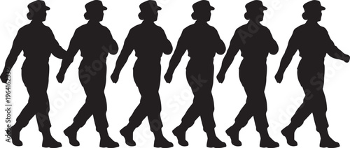 Black Solid Female Military Recruits Marching Silhouettes Set of Six on White Background