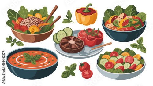 Assorted colorful bowls of fresh fruit and appetizing vegetable dishes displayed together Vector