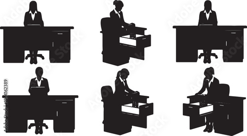Black Solid Businesswomen Placing File Drawer Silhouettes Set of Six on White Background