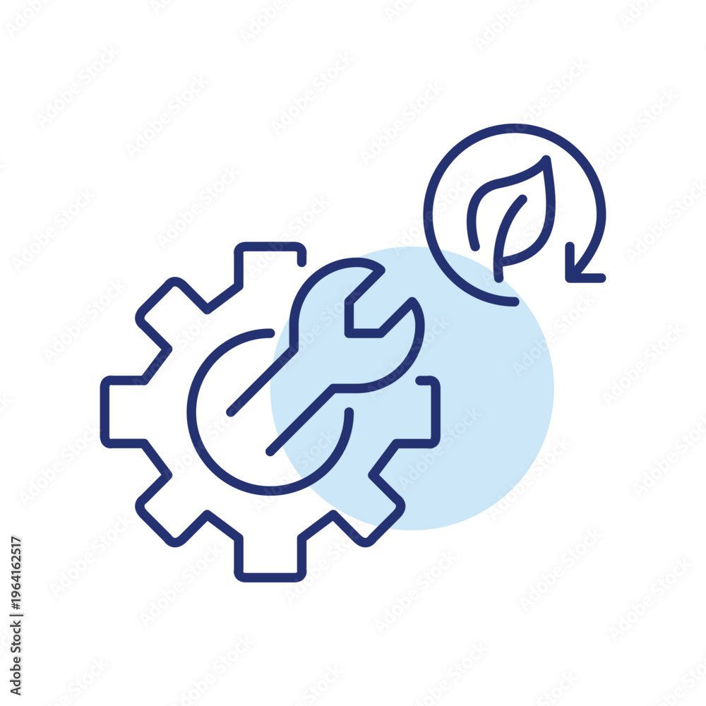 Fototapeta premium Wrench and cogwheel, leaf and renew arrow. Sustainable operations, gear and control. Pixel perfect, editable stroke vector icon
