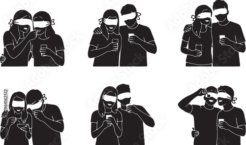 Black Solid Blind Taste Test Couple Wide Camera Silhouettes Set of Six on White Background