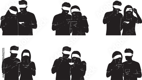 Black Solid Blind Taste Test Couple Wide Camera Silhouettes Set of Six on White Background
