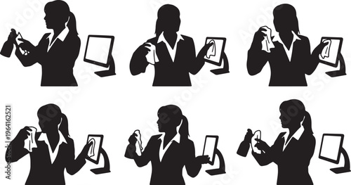 Black Solid Businesswomen Spraying Screen Silhouettes Set of Six on White Background