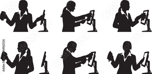Black Solid Businesswomen Spraying Screen Silhouettes Set of Six on White Background