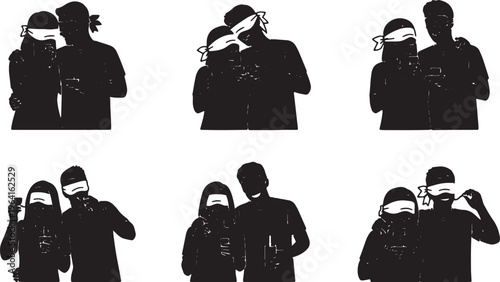 Black Solid Blind Taste Test Couple Wide Camera Silhouettes Set of Six on White Background