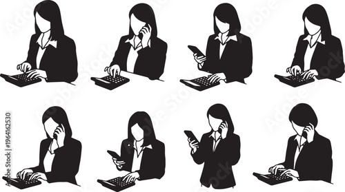 Black Solid Businesswomen Typing Calculator Phone Silhouettes Set of Six on White Background