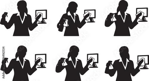 Black Solid Businesswomen Spraying Screen Silhouettes Set of Six on White Background