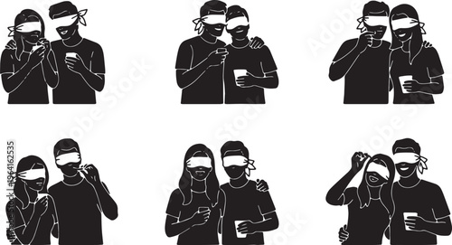 Black Solid Blind Taste Test Couple Wide Camera Silhouettes Set of Six on White Background