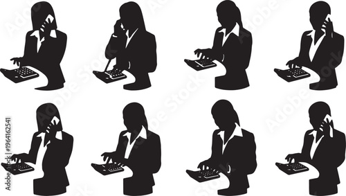 Black Solid Businesswomen Typing Calculator Phone Silhouettes Set of Six on White Background