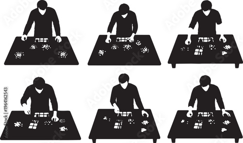 Black Solid Board Game Reviewer Table Camera Silhouettes Set of Six on White Background
