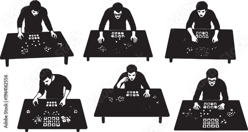 Black Solid Board Game Reviewer Table Camera Silhouettes Set of Six on White Background