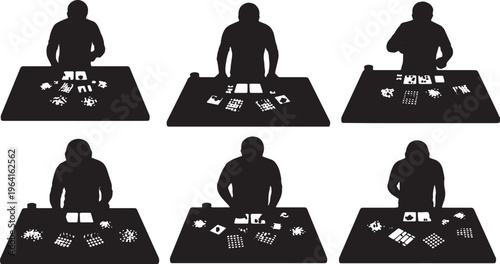 Black Solid Board Game Reviewer Table Camera Silhouettes Set of Six on White Background