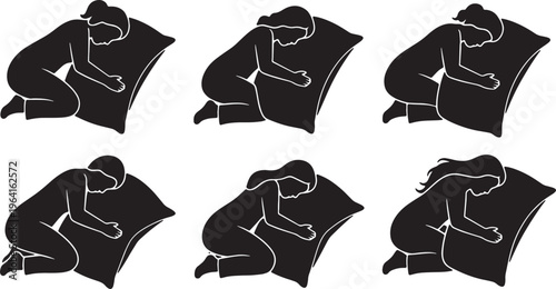 Black Solid Body Pillow Hugging Sleeping Silhouettes Set of Six on White Background