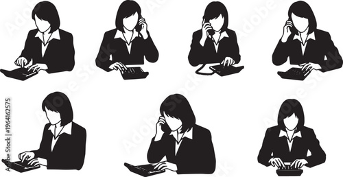 Black Solid Businesswomen Typing Calculator Phone Silhouettes Set of Six on White Background
