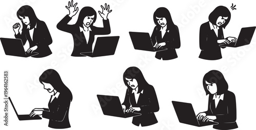 Black Solid Businesswomen Typing Fiercely Laptop Silhouettes Set of Six on White Background
