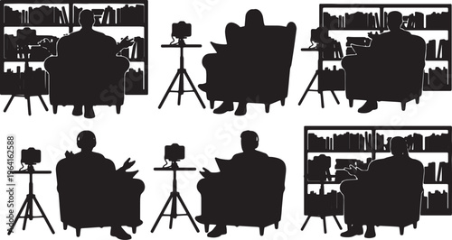 Black Solid Book Reviewer Bookshelf Setup Silhouettes Set of Six on White Background