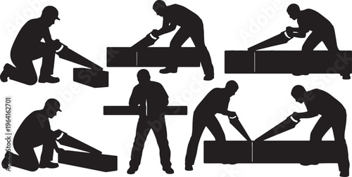 Black Solid Cabinet Maker Hand Saw Role Silhouettes Set of Six on White Background