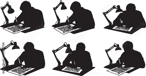 Black Solid Calligraphy Macro Camera Desk Silhouettes Set of Six on White Background