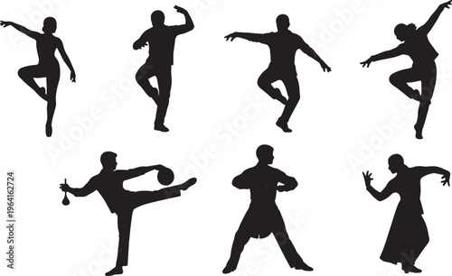Black Solid Choreographer Dance Silhouettes Set of Six on White Background