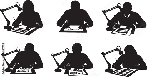 Black Solid Calligraphy Macro Camera Desk Silhouettes Set of Six on White Background