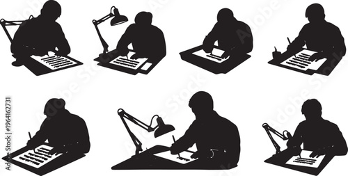 Black Solid Calligraphy Macro Camera Desk Silhouettes Set of Six on White Background