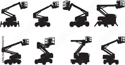 Black Solid Cherry Picker Truck Silhouettes Set of Six on White Background