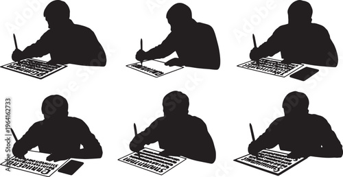 Black Solid Calligraphy Macro Camera Desk Silhouettes Set of Six on White Background