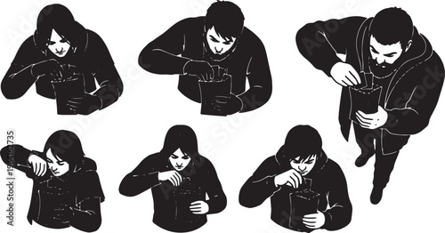 Black Solid Card Game Unboxing Overhead Camera Silhouettes Set of Six on White Background