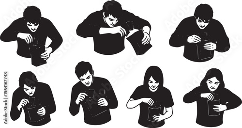 Black Solid Card Game Unboxing Overhead Camera Silhouettes Set of Six on White Background