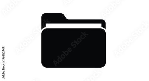 A minimalist black silhouette depicts a standard computer folder icon representing organization and data storage high quality professional detailed modern elegant