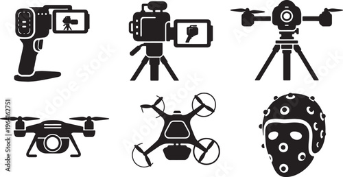Black Solid Cinematic Virtual Camera Systems Silhouettes Set of Six on White Background