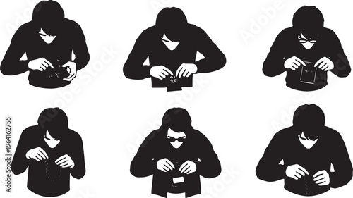 Black Solid Card Game Unboxing Overhead Camera Silhouettes Set of Six on White Background