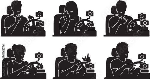 Black Solid Car Vlogger Dashboard Camera Silhouettes Set of Six on White Background