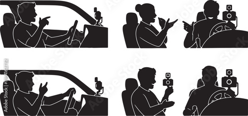 Black Solid Car Vlogger Dashboard Camera Silhouettes Set of Six on White Background