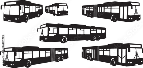 Black Solid Different Types of City Bus Silhouettes Set of Six on White Background