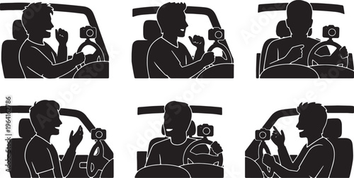 Black Solid Car Vlogger Dashboard Camera Silhouettes Set of Six on White Background