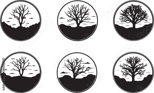 Black Solid Circular Dead Tree Vignette Silhouettes Set of Six on White Background