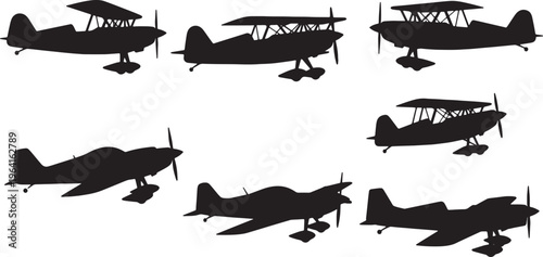 Black Solid Civilian Stunt Aircraft Silhouettes Set of Six on White Background
