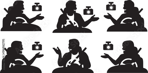 Black Solid Car Vlogger Dashboard Camera Silhouettes Set of Six on White Background