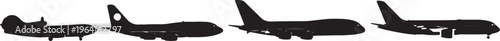Black Solid Civilian Airliners from Various Eras Silhouettes Set of Six on White Background
