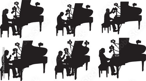 Black Solid Classical Pianist Multi Camera Grand Piano Silhouettes Set of Six on White Background