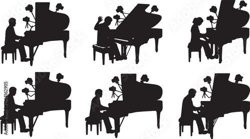 Black Solid Classical Pianist Multi Camera Grand Piano Silhouettes Set of Six on White Background