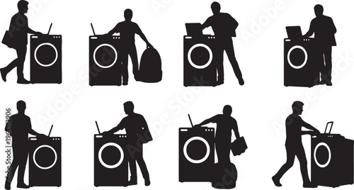 Black Solid Casual Telecommuter Laundry Carrying Laptop Silhouettes Set of Six on White Background